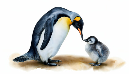 Fototapeta premium Penguin and Chick on a white background, watercolor illustration