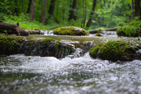 A serene stream runs through a lush green forest with tall trees and vegetation