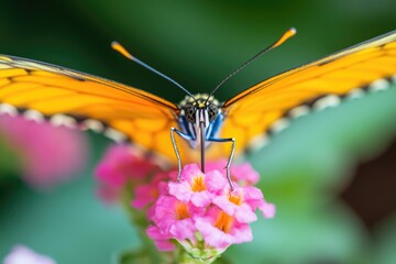 A close-up view of a butterfly sitting on a colorful flower