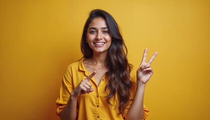 Obraz premium Happy millennial Indian woman making hand finger heart, showing love sign, like, smiling at camera. Volunteer girl, blogger expressing support, gratitude, appreciation for charity, donation. Head shot