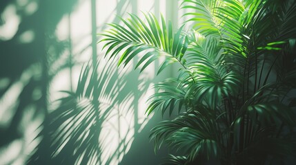 Fototapeta premium Lush Green Leaves Casting Shadows on Light Wall in Bright Indoor Atmosphere with Sunlight Filtered Through Window