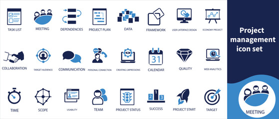 Project management icon set, performance, streamlining, return on investment, best practices, workload distribution, time, resources, reduction, conference, and more.