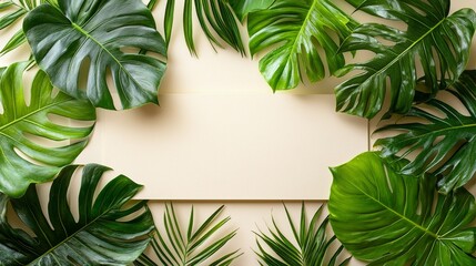 Tropical Green Leaves Frame Over Beige Background Ideal for Nature and Botanical Themes in Design and Art Projects