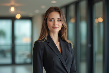 Portrait of a professional woman in a suit. Business woman standing in an office