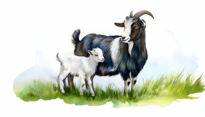 mother and baby animal Goat and Kid on a white background, watercolor illustration