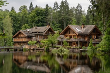 Fototapeta premium Two wooden houses situated on the surface of a lake, with surrounding water and possibly misty atmosphere