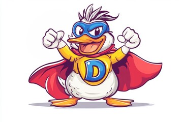 Cartoon duck superhero with a cape and mask, striking a heroic pose.