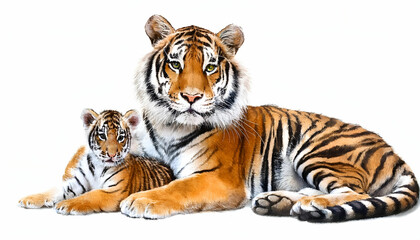 Obraz premium mother and baby animal Tiger and Cub on a white background, watercolor illustration