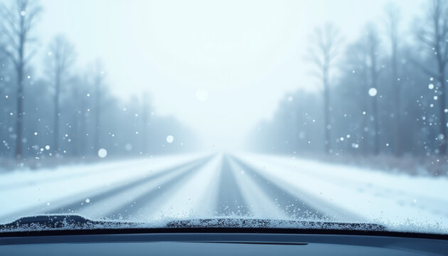Frost-covered car windshield with snowfall and blurred winter road ahead