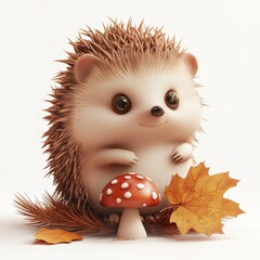 Cute hedgehog surrounded by autumn leaves and a mushroom, perfect for nature and wildlife themes.