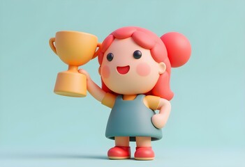 Young woman Jane champion holds golden winner cup, awarded with prize, win award. Concept of goal achievement celebration. 3d vector people character illustration.
