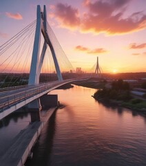 Obraz premium River flowing beneath cable stayed bridge with stunning sunset colors in the background , river, scenery