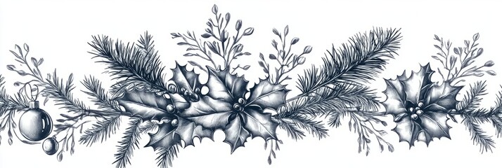 Christmas drawn holly line decor, pine branch, snowflake background. Hand drawn doodle sketch holly floral, christmas tree leaves, winter pine. Holiday ornament sketch doodle. Vector illustration