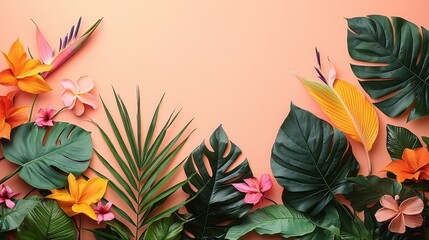 Colorful Tropical Leaves and Flowers on Coral Background for Nature and Summer-Themed Projects