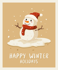 Happy snowman with santa hat. Happy winter holidays.