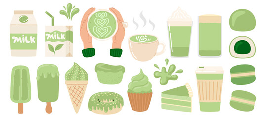 Matcha tea. Vegan organic drinks and desserts, plant based milk, green beverage, macarons, cake, maffin, mochi, donut, ice cream. Matcha green tea ceremony. Flat Vector illustration isolated