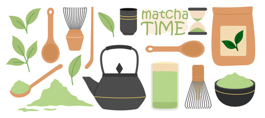 Matcha tea. Set of tools for Japanese Matcha green tea ceremony, organic tea matcha powder, tea leaves, teapot, spoon, traditional cup, whisk. Flat Vector illustration isolated on white background