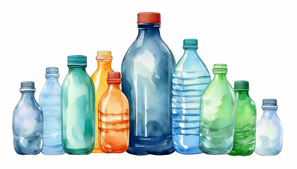 Recycling Plastic Bottles - PET Bottles. isolated on white. watercolor clipart