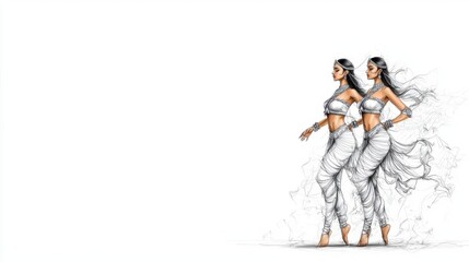 Obraz premium Pencil sketch portrait of Indian classical dancers mid-performance. High Quality