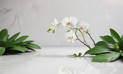 Single white orchid surrounded by green leaves on white surface, blossoms, special, petals, fresh