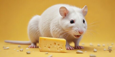 Fototapeta premium Small white rat nibbling on a cheese wedge with its sharp teeth against a bright yellow surface, small, rat, yellow, white, background