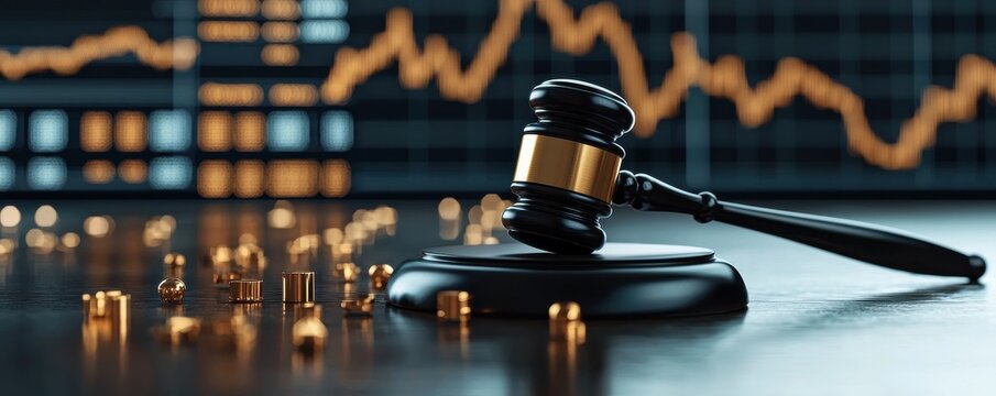 Courtroom conflict judge gavel and financial market tensions