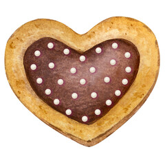 Heart shaped sugar cookies with chocolate icing. Sweet dessert for Valentine's Day. Design element for cards, greetings, menus, etc. Watercolor illustration isolated on transparent background.