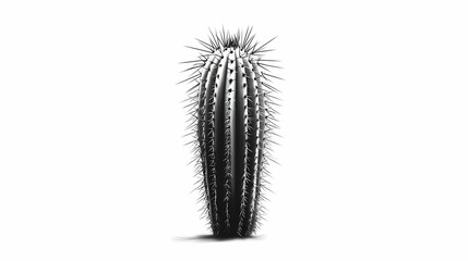 A tall, spiky cactus stands alone against a white background, showcasing its unique texture and form in a minimalist style.