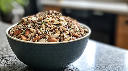 A close-up of a bowl of mixed nuts and seeds, a healthy low-carb snack, placed on a clean kitchen counter 