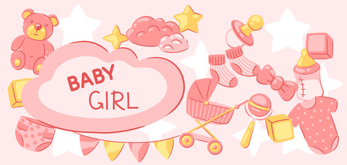 Baby shower frame. New born baby girl Happy Birthday.