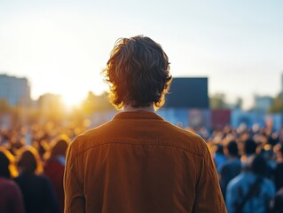 Fototapeta premium Person Standing in Crowd at Sunset in Solidarity