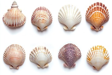 A variety of seashells arranged on a white surface