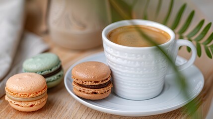 Coffee and bakery brew delightful aroma. Coffee with colorful macarons on a table