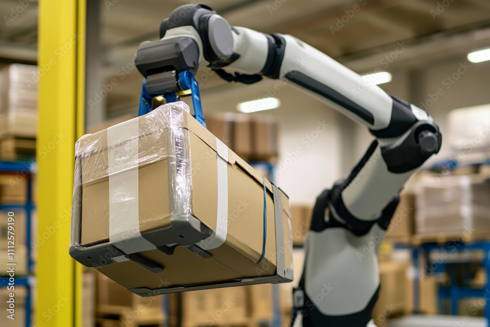 Poster robot arm lifting a box in a modern warehouse setting
