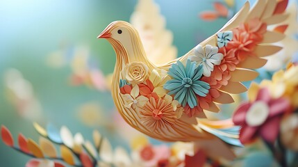 Close-up of a peace dove crafted from paper, with floral and harmony symbols, crisp and sharp with bright colors and stunning details