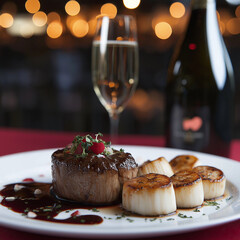 Romantic dinner with filet mignon, scallops, champagne, and red wine 