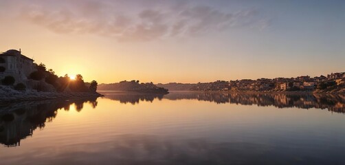 Obraz premium Sunrise reflections on the Tagus River at Cidade de Peniche, reflections, Cidade de Peniche
