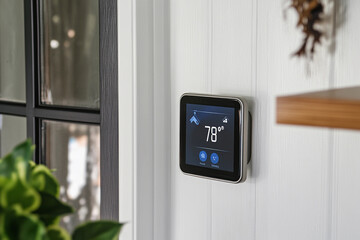 Smart thermostat displaying temperature in modern home