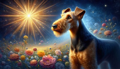 Fototapeta premium Elegant Airedale Terrier Under the Evening Star in an Enchanted Meadow