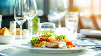 Gourmet meal on white plate with wine glasses on table