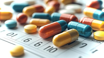 Colorful assortment of pills and tablets scattered on a calendar for daily medication tracking