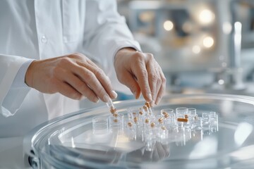 The hands of a scientist in a pharmaceutical company.