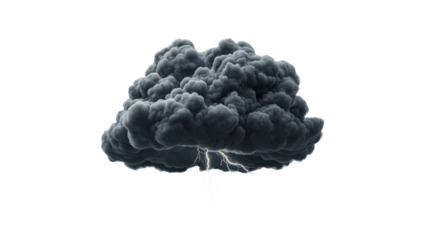 Dark storm cloud with lightning strikes, showcasing nature's powerful elements. transparent background.
