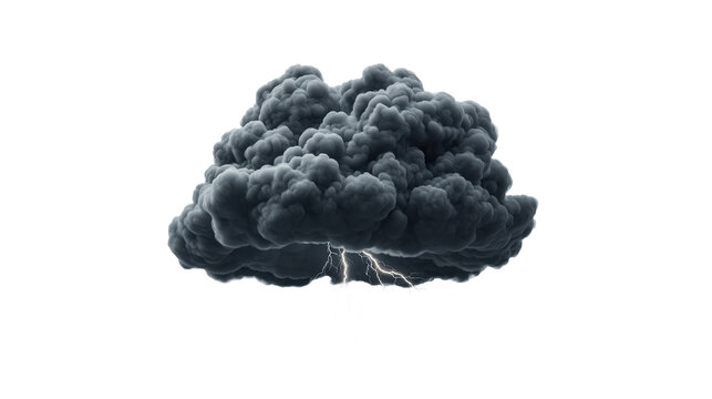 Dark storm cloud with lightning strikes, showcasing nature's powerful elements. transparent background.