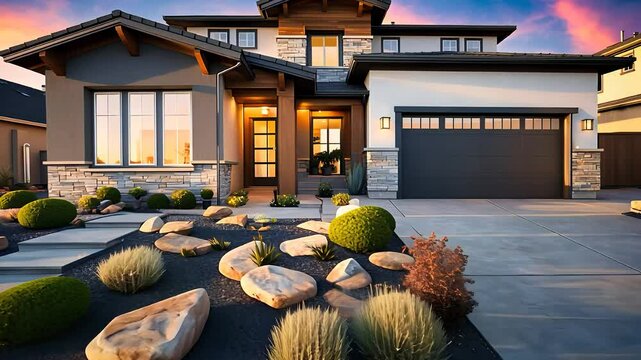 Modern Suburban Home with Landscaped Front Yard at Sunset

