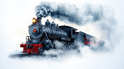 Fototapeta premium detailed vintage illustration of steam locomotive with billowing smoke, showcasing intricate design and historical charm. train is set against misty background, evoking nostalgia