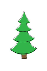 Pine, fir, tree vector green silhouette in flat doodle style, isolated. Clipart, symbol merry christmas and happy new year. Template for children creativity, greeting cards, applications