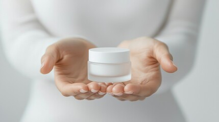 Female hand holding white glass mockup jar of face cream on beige isolated background. Concept of beauty products, skin care, nutrition and hydration