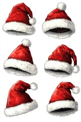 Six red Santa hats on a white background, perfect for holiday promotions or festive designs