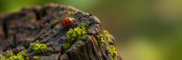 Tiny ladybug perches on a weathered mossy stump, ladybugs, small plants, wooden stump